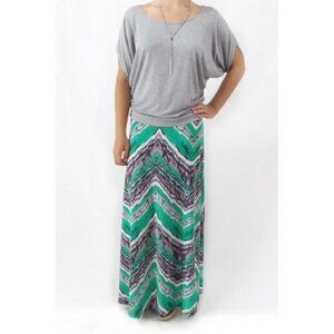 💕VERONICA M💕 Pull On Elastic Waist Maxi Skirt Green Chevron Print Medium NWOT
